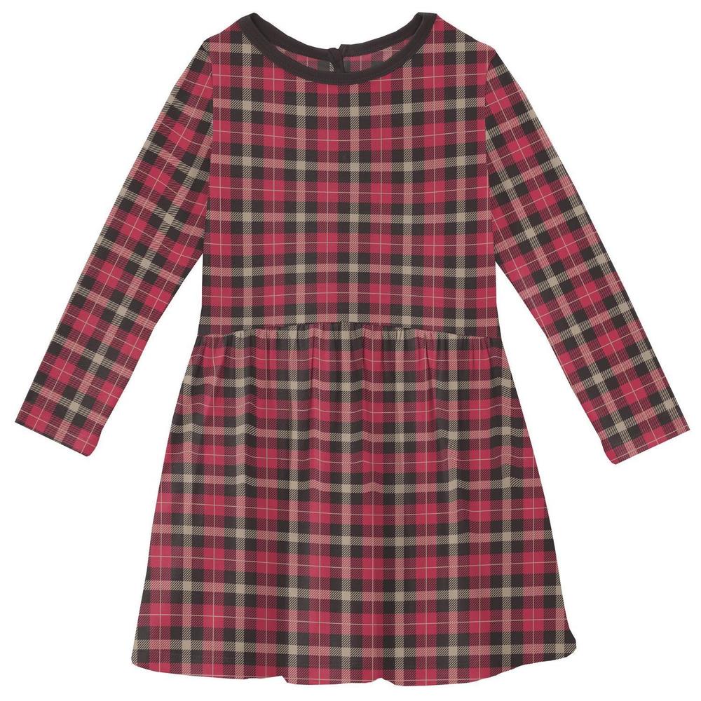 NEW KICKEE girls' bamboo print long sleeve twirl dress in 90s plaid